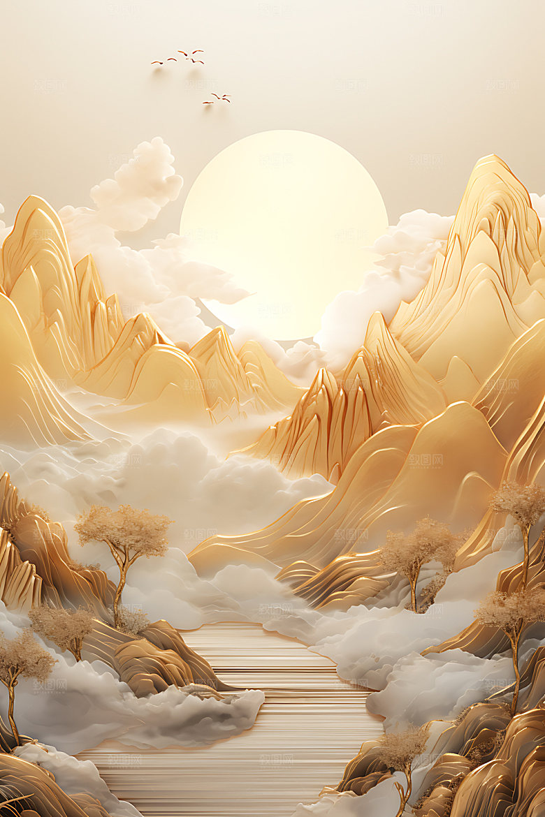 金箔山水中式风格大气装饰画