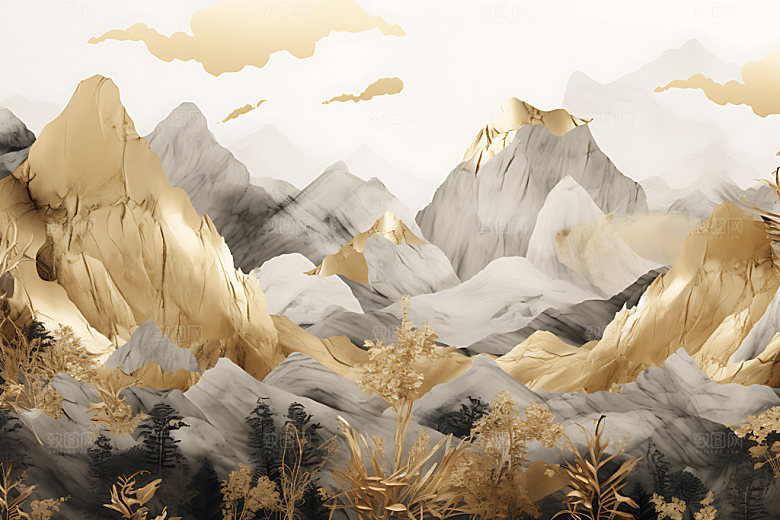 金箔山水中式风格雅致装饰画