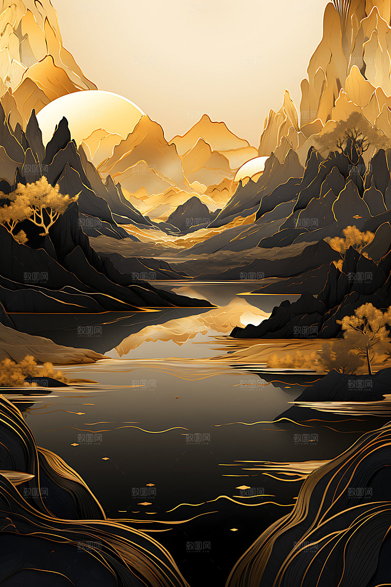 金箔山水雅致中式风格装饰画