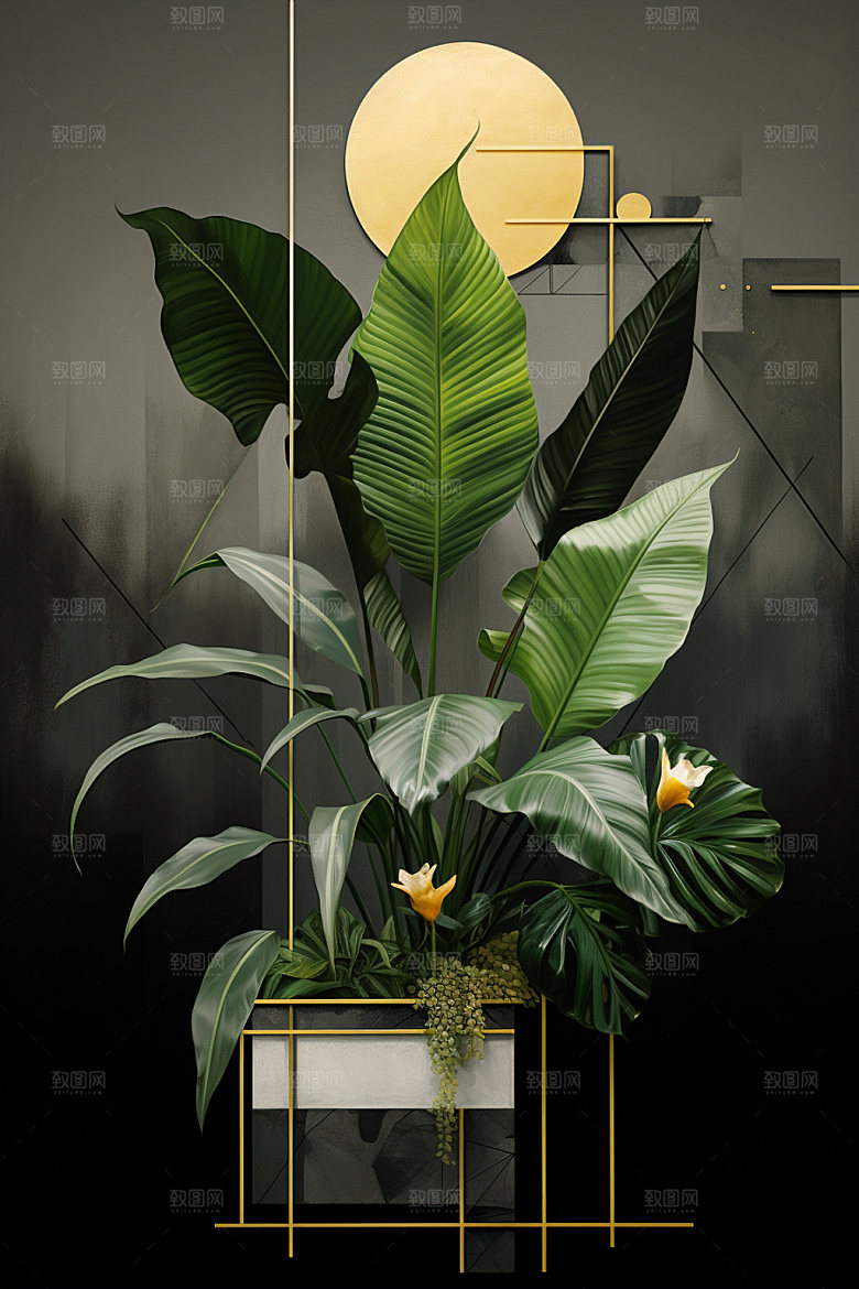 金箔树叶几何植物装饰画