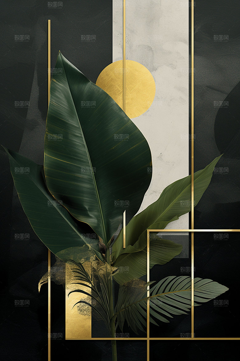 金箔树叶植物高端装饰画