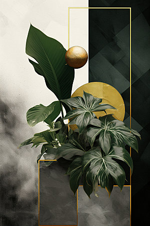 金箔树叶植物抽象装饰画