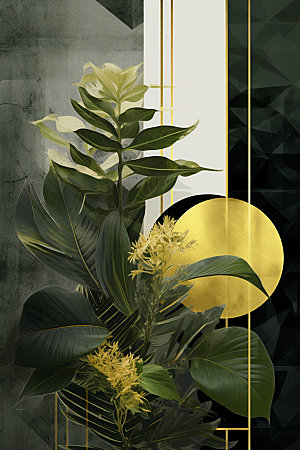 金箔树叶植物抽象装饰画