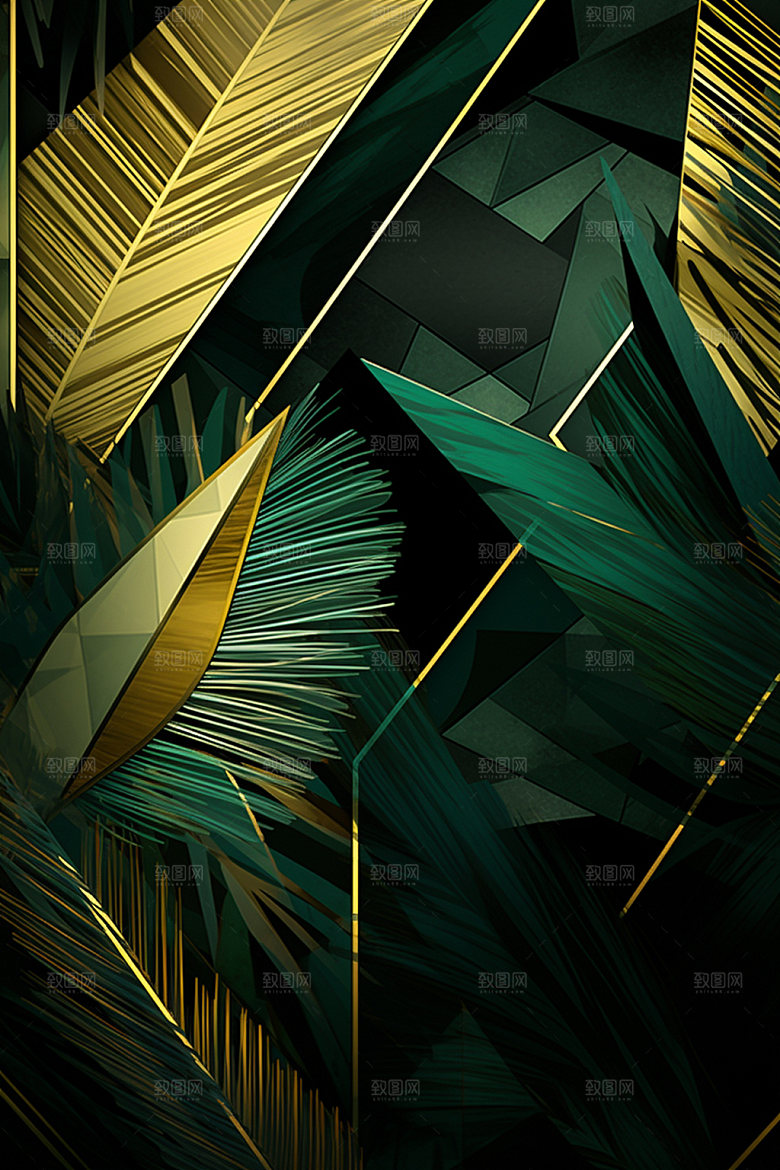 金箔树叶简约几何装饰画