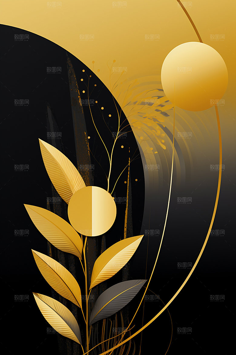金箔树叶植物大气装饰画