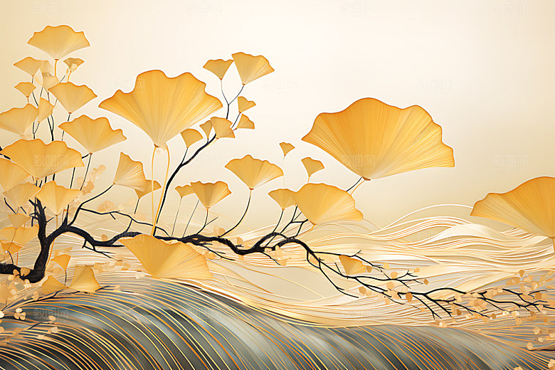 金箔银杏华丽树叶装饰画