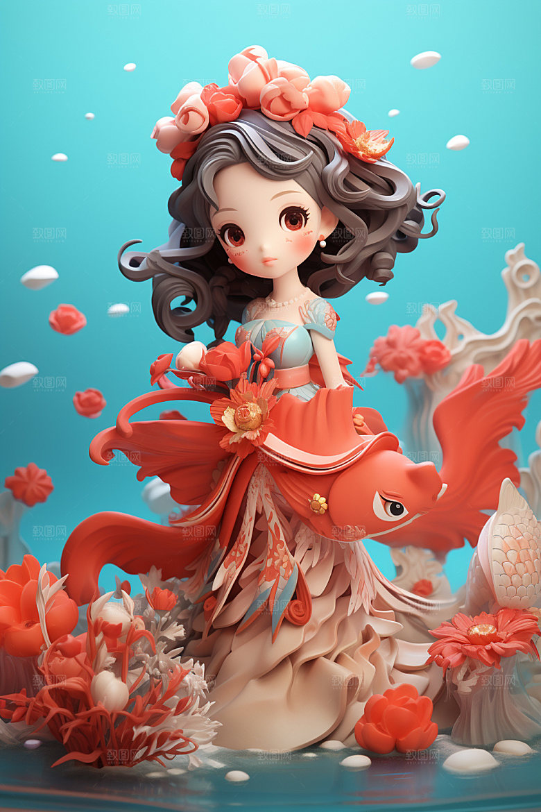新年3d立体红色锦鲤模型素材