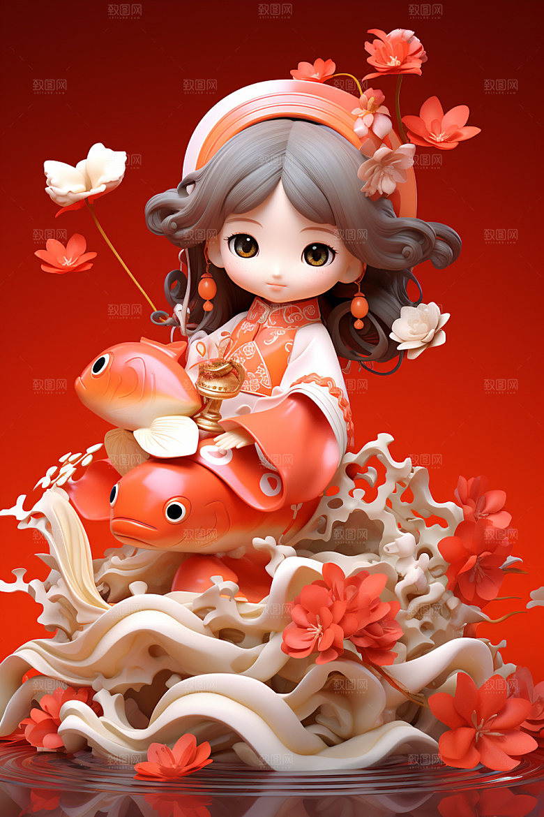 新年红色锦鲤春节模型素材