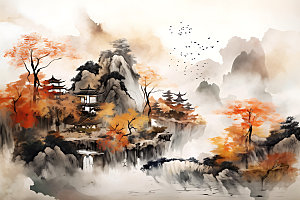金色山水新中式中国风装饰画