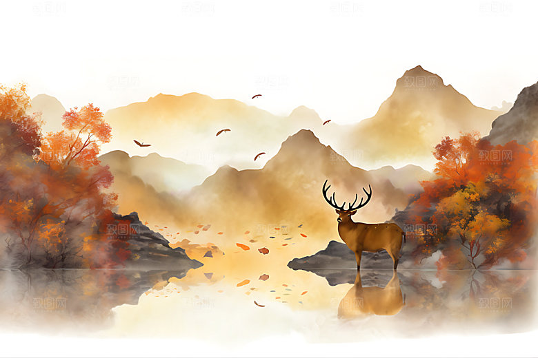 金色山水中国风水墨装饰画