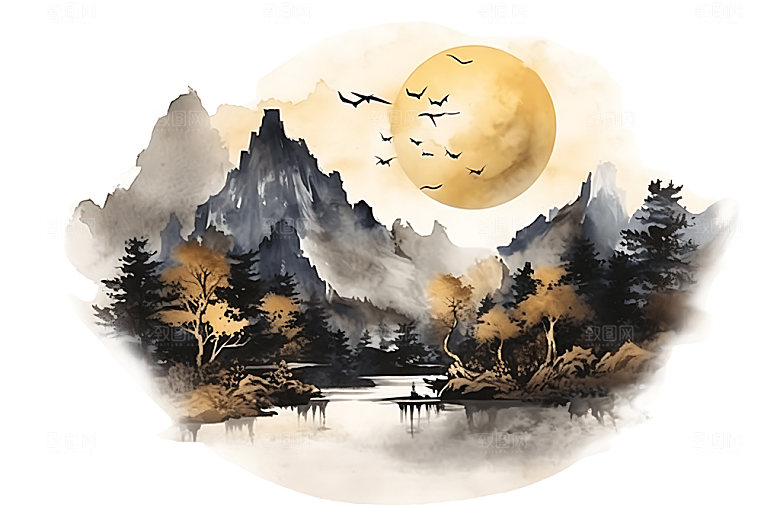 金色山水传统新中式装饰画