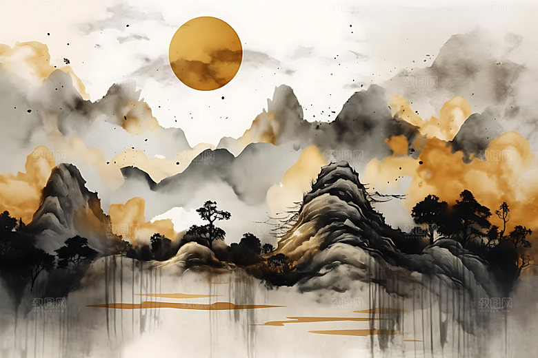 金色山水国画水墨装饰画