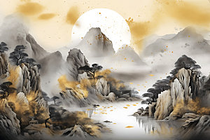金色山水国画新中式装饰画
