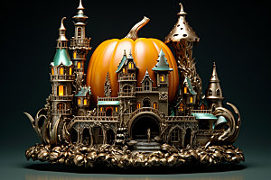 万圣节金属质感3D南瓜城堡模型