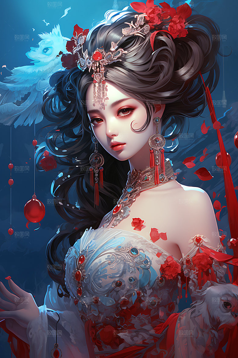国潮女孩红色艺术风格插画