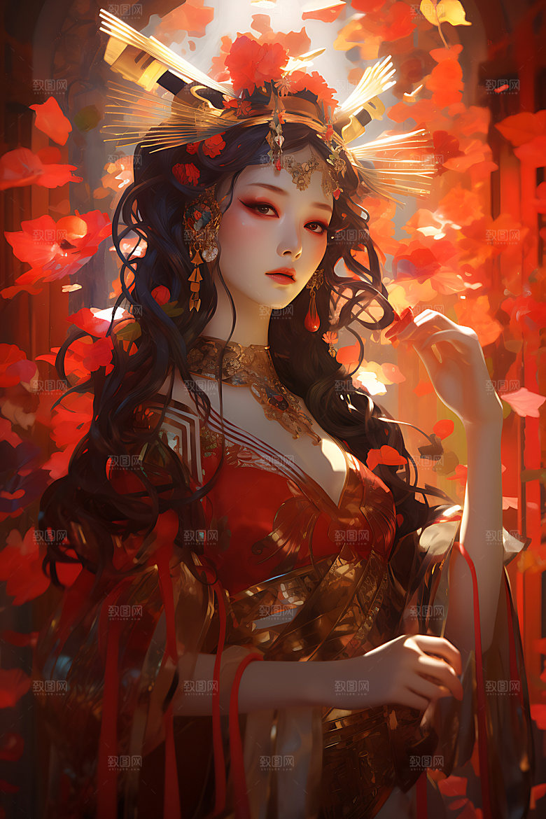 国潮女孩艺术风格红色插画