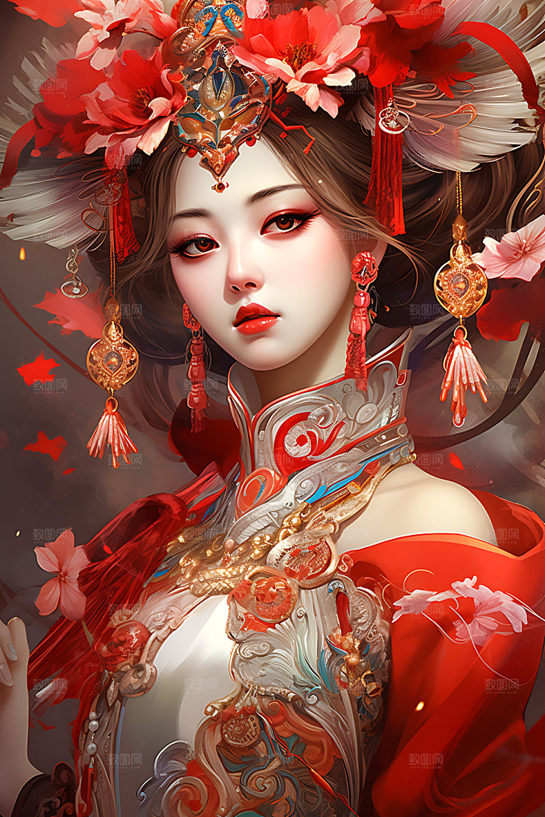 国潮女孩红色人物插画