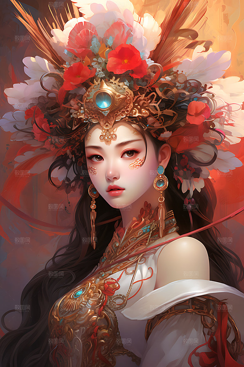 国潮女孩艺术风格红色插画