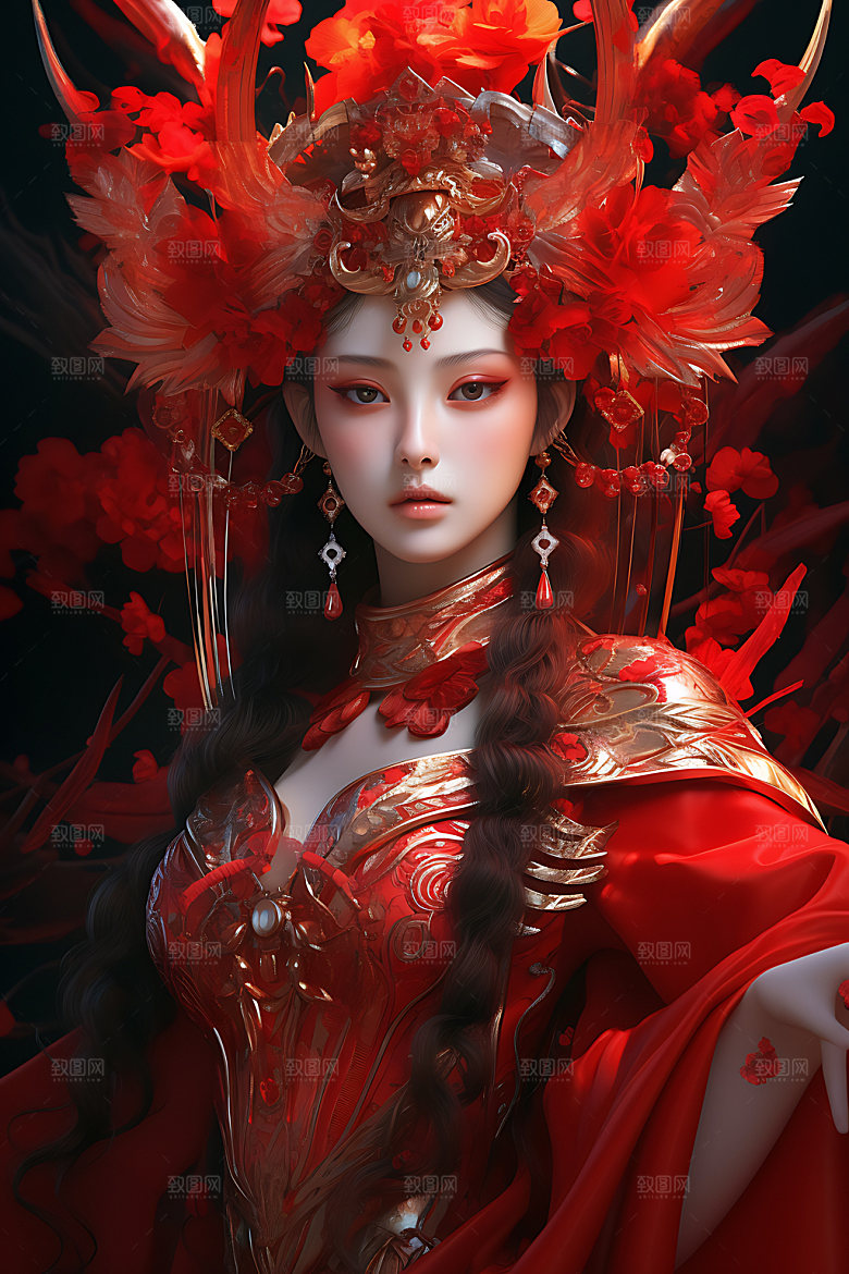 国潮女孩人物红色插画
