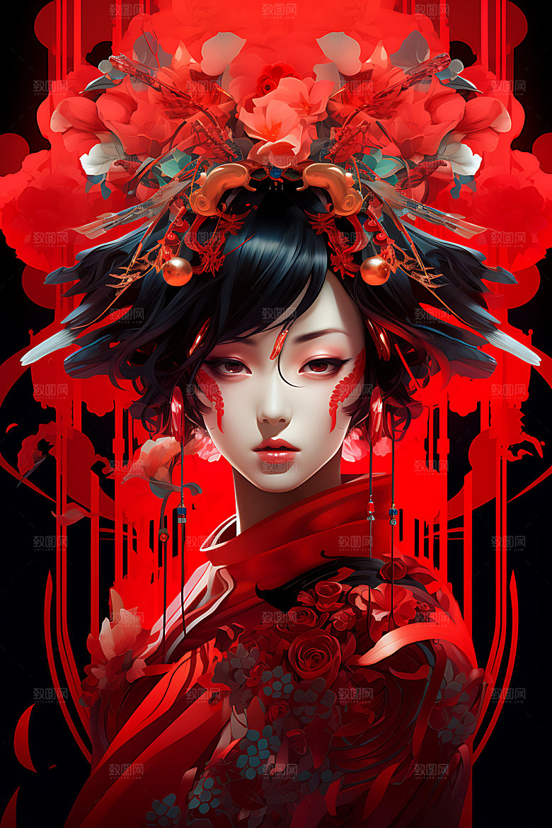 国潮女孩中国风红色插画