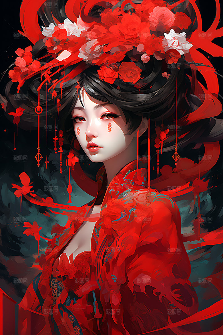 国潮女孩中式传统艺术风格插画