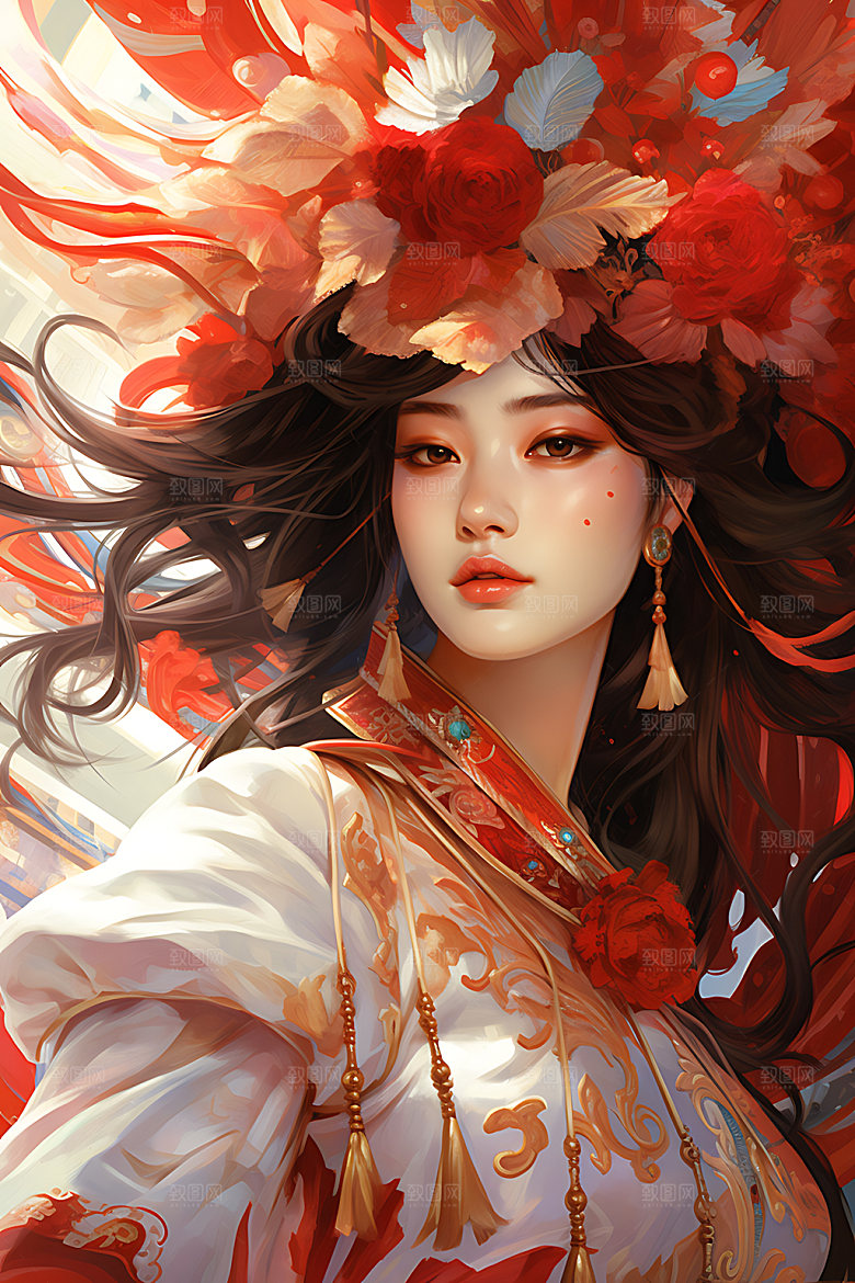 国潮女孩视觉红色插画