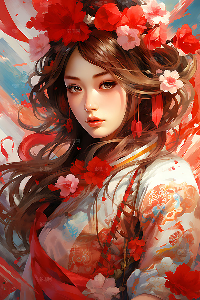 国潮女孩红色中国风插画