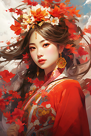 国潮女孩中式传统人物插画