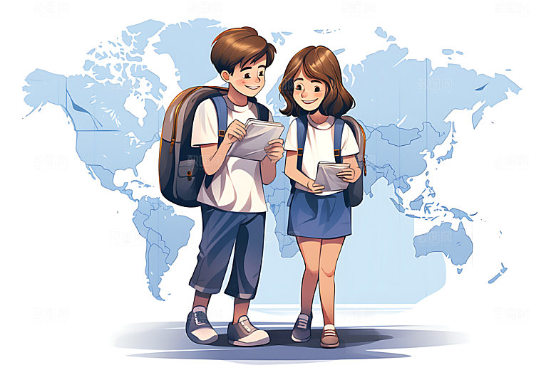 开学校园人物上学平面插画