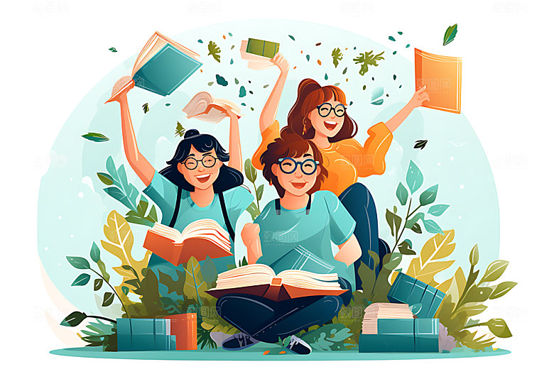 开学青少年上学平面插画