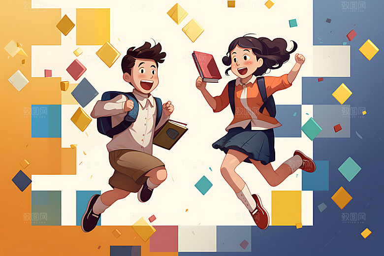 开学青春上学平面插画