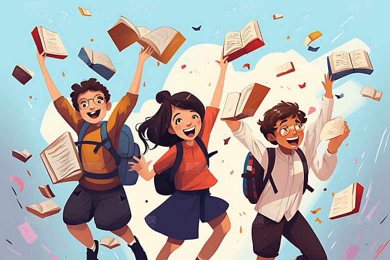 开学上学校园人物平面插画