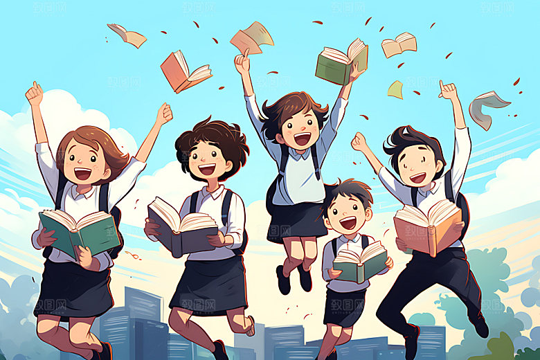 开学青少年上学平面插画