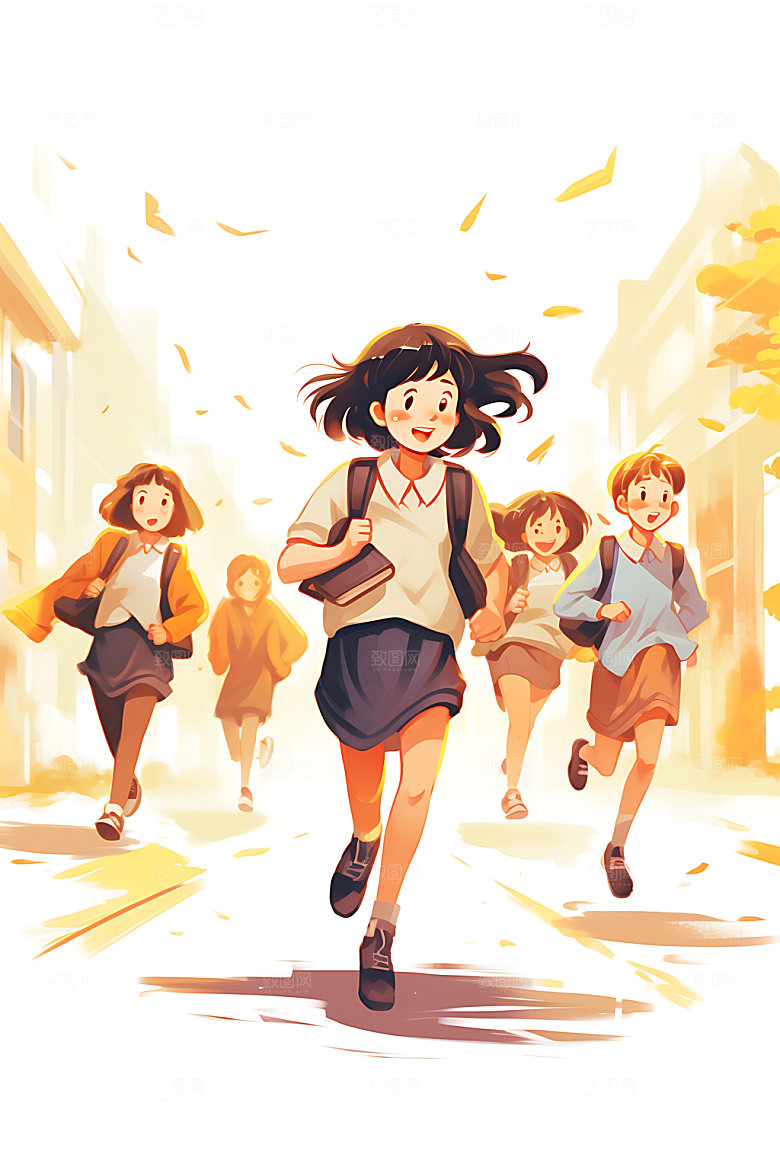 开学青少年上学平面插画