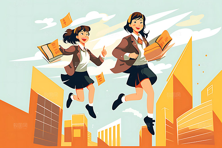 开学上学校园人物平面插画