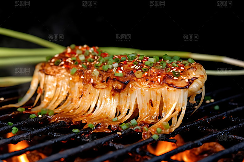 烤金针菇特写烧烤摄影图