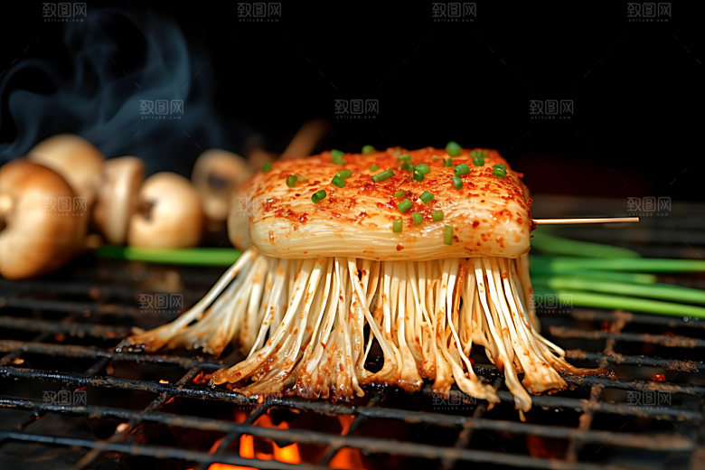 烤金针菇特写撸串摄影图