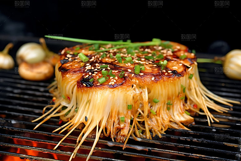 烤金针菇餐饮撸串摄影图