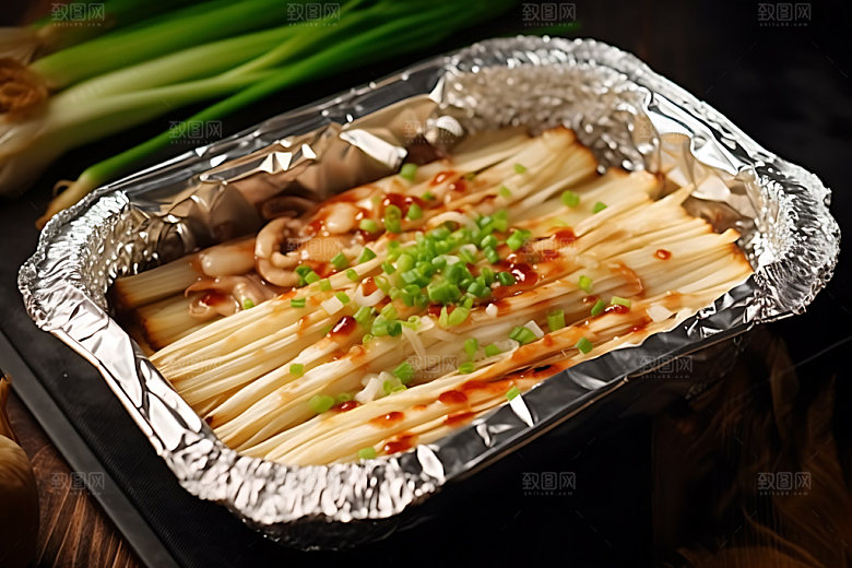 烤金针菇特写撸串摄影图