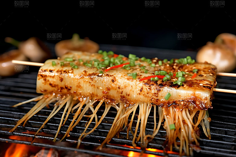 烤金针菇美味撸串摄影图