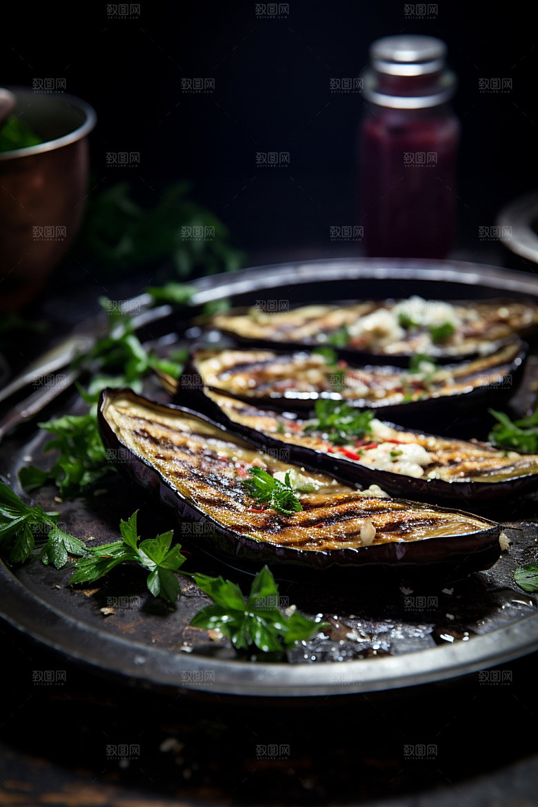 烤茄子蒜泥茄子美味摄影图