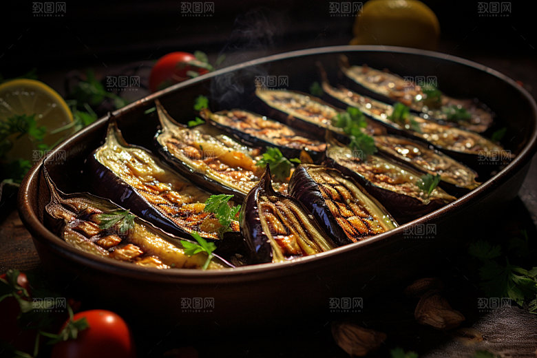 烤茄子烧烤美味摄影图