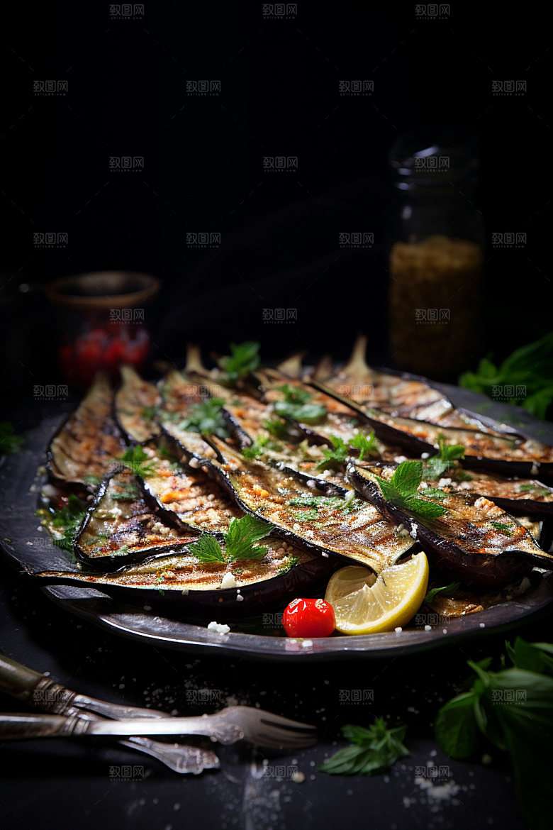 烤茄子蒜泥茄子美食摄影图