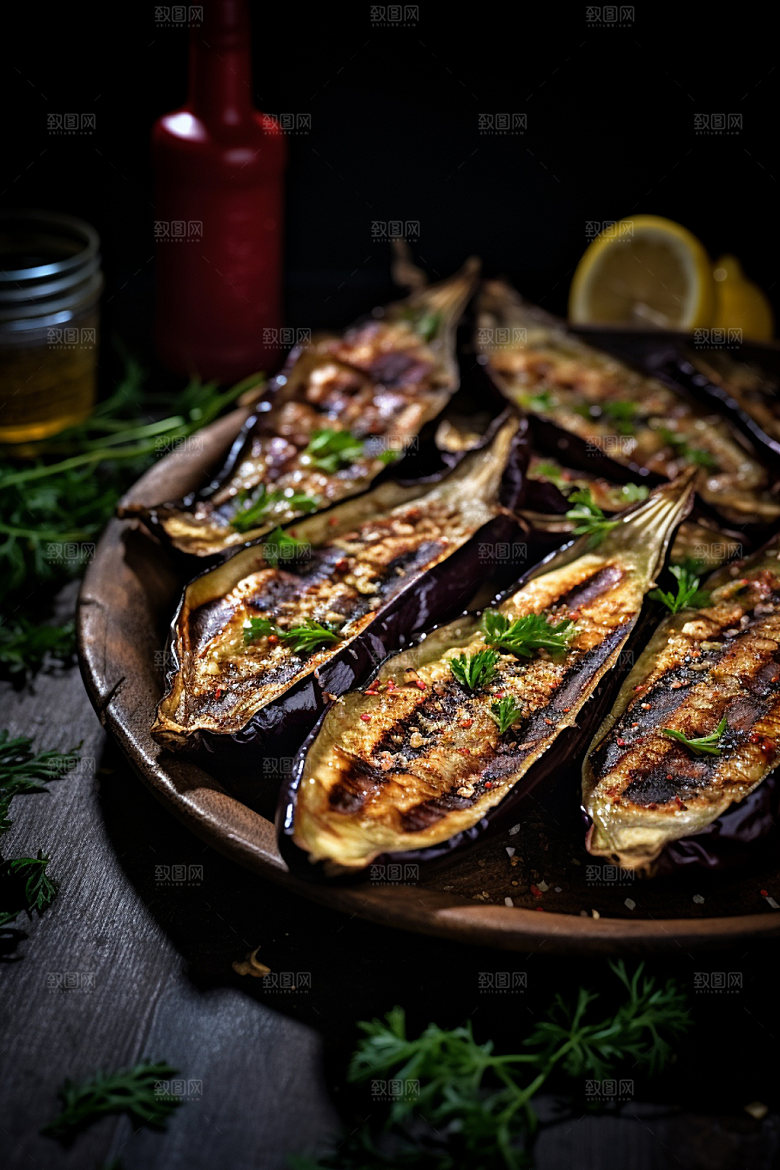 烤茄子烧烤蔬菜摄影图