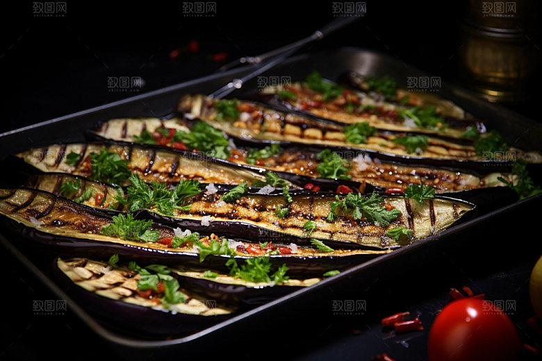 烤茄子美味蒜泥茄子摄影图