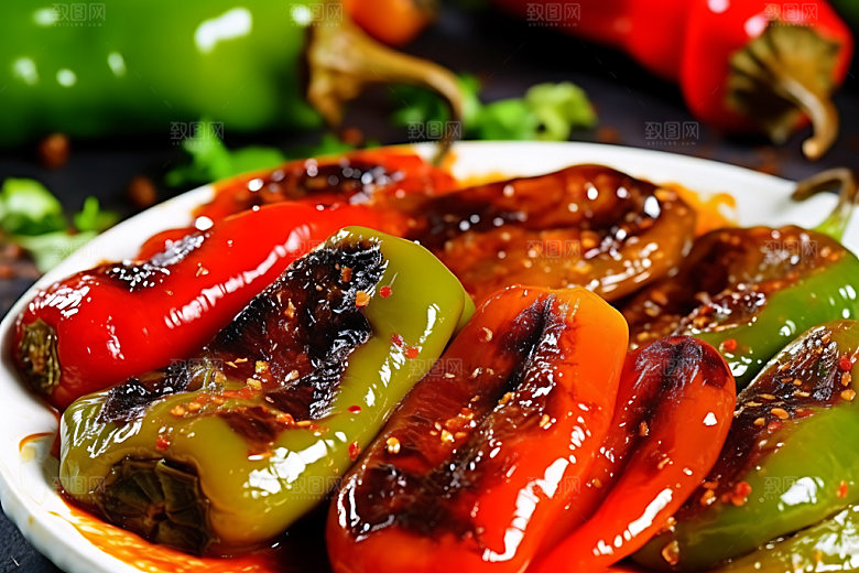 烤青椒美食美味摄影图