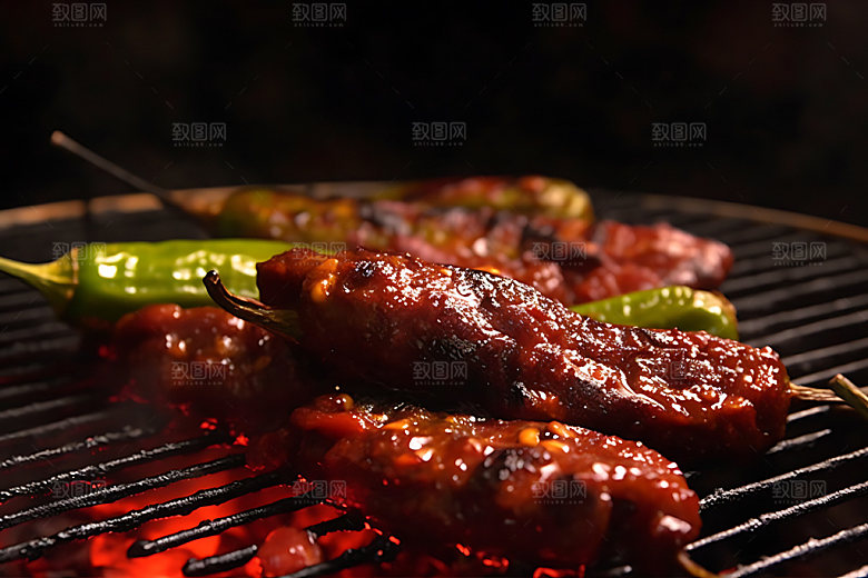 烤青椒撸串特写摄影图