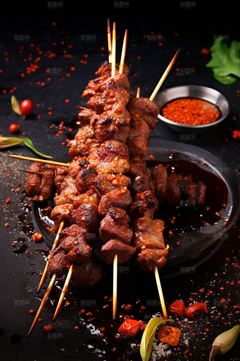 烤肉串热辣美食摄影图