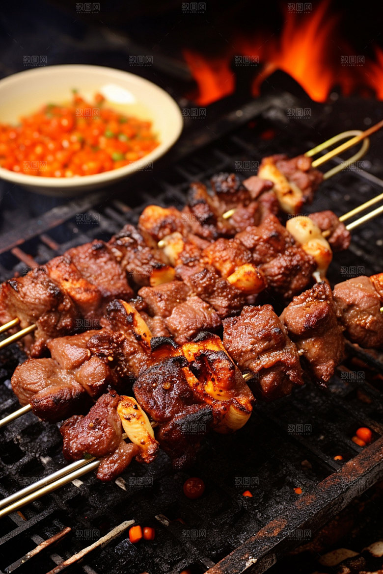 烤肉串热辣美味摄影图