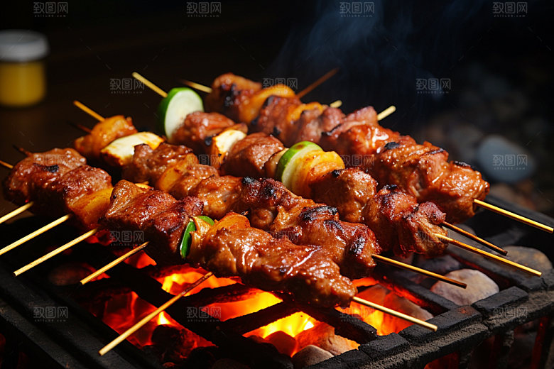 烤肉串热辣美食摄影图